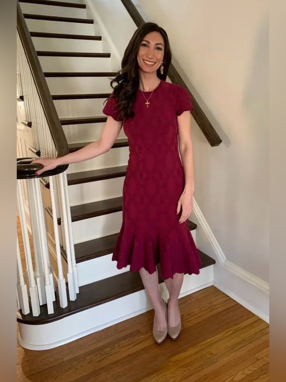 Shoshanna Preston dress Elegant Burgundy Fit Flare Midi Dress with Ruffle hem